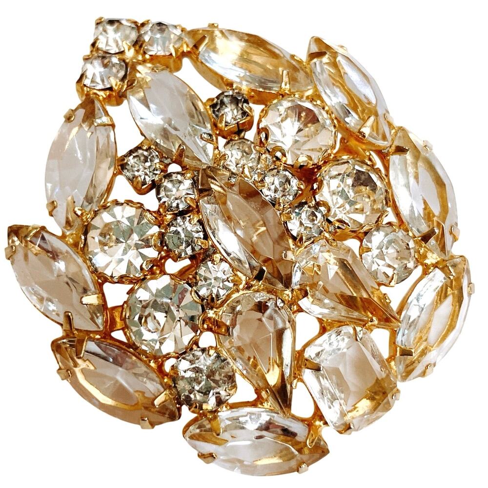 Mid Century Gold Tone Domed Rhinestone Bridal Brooch Navette Glass 1950s Pin